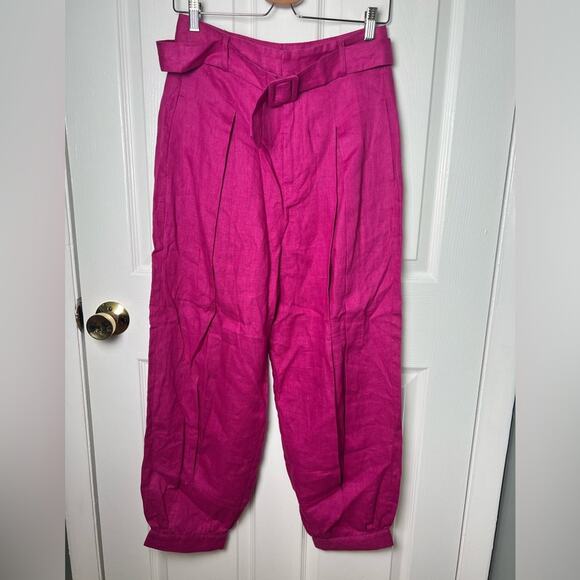 Farm Rio Pink High Waist Linen Pleated Cuffed Hem Waist Belt Taper Pants S - Picture 2 of 10